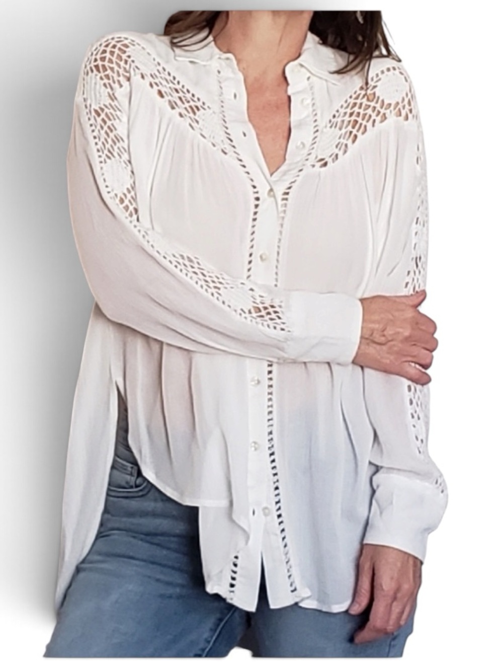 Free People "Katie Bird" Crochet Inset Slouchy Button-Down Peasant Blouse Tunic